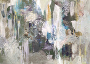 Abstract textured painting with vertical strokes in blue, green, gray and cream tones