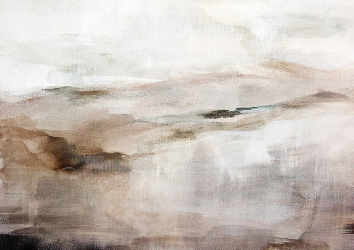 Abstract landscape print in soft beige and brown tones with blurred hill-like forms