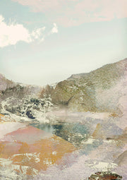 Mountain landscape with a still pool, overlaid with soft pastel abstract colour blocks
