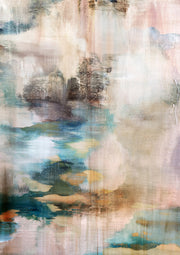 Abstract painting with blush, teal and beige washes and weathered drip texture