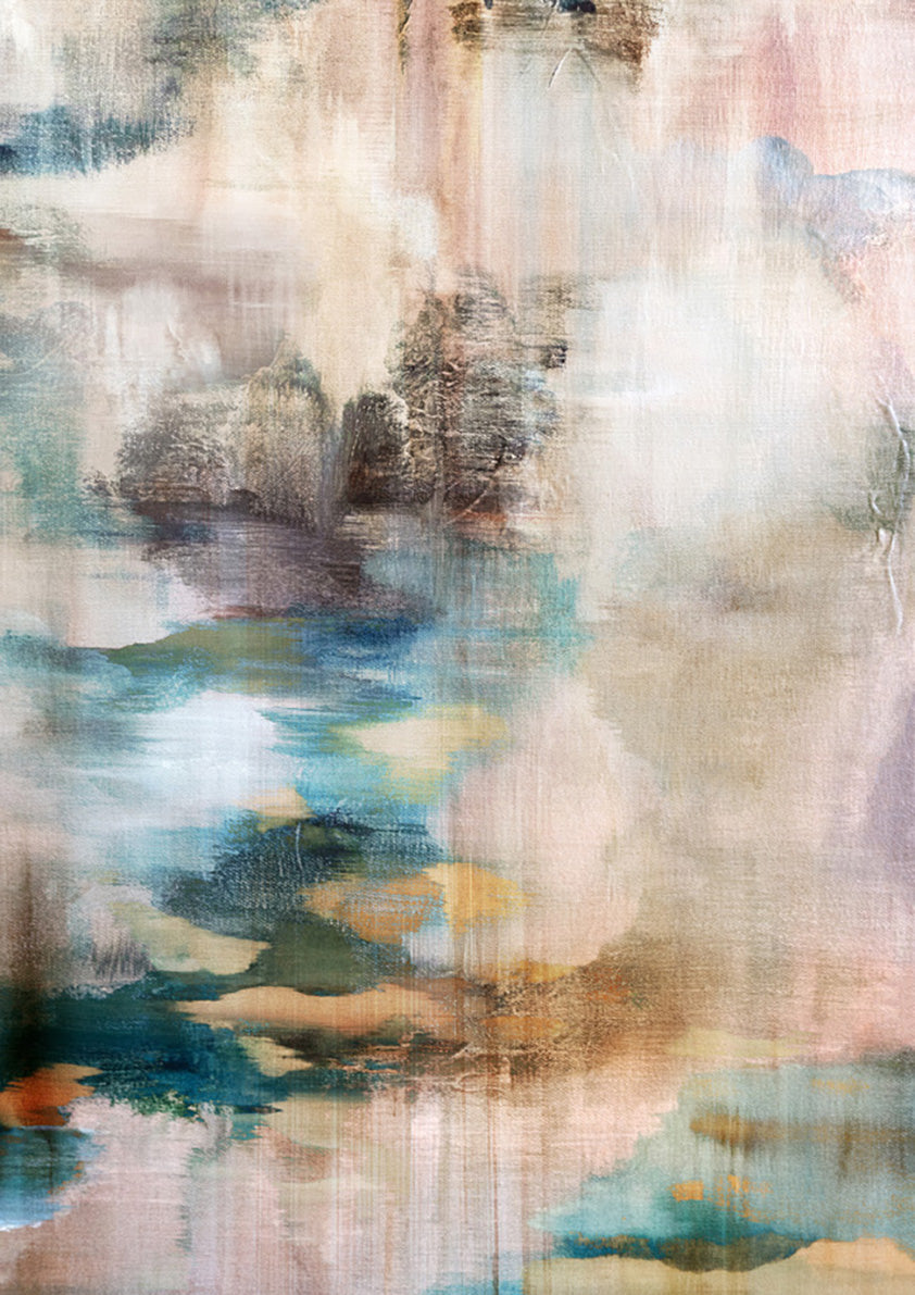 Abstract painting with blush, teal and beige washes and weathered drip texture