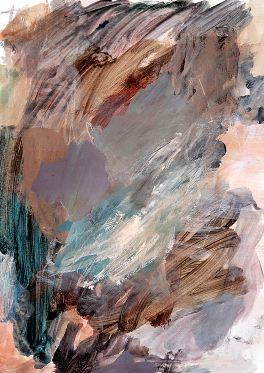Abstract painting with layered brown, grey, teal and pink brushstrokes in loose gestural strokes.