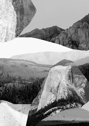 Black and white collage of layered mountain peaks, rock faces and forested valleys