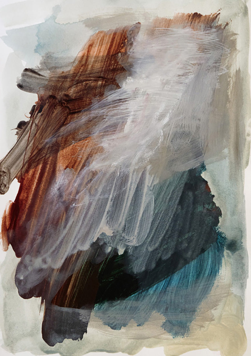 Abstract painting with diagonal brushstrokes in rust, grey and teal tones