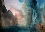 Abstract watercolour landscape with misty blue and brown mountains and a soft pink horizon
