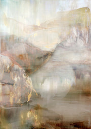 Abstract painting of a misty mountain landscape in soft brown, grey and gold tones