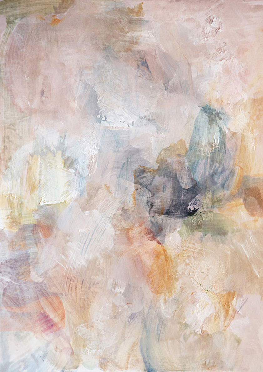 Abstract painting in soft pink, beige and sage with blended, textured brushstrokes