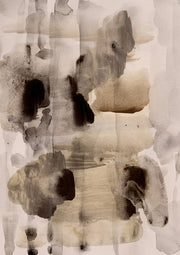 Abstract watercolour artwork with dark ink blots and vertical washes in beige and black tones