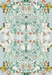 Symmetrical white botanical pattern with birds in gold, teal and rust on pale blue background