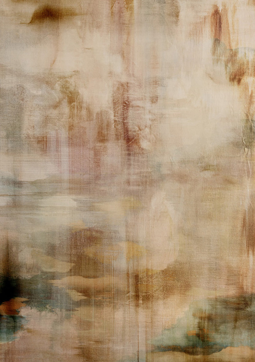 Abstract artwork with flowing beige, ochre and teal tones resembling falling water