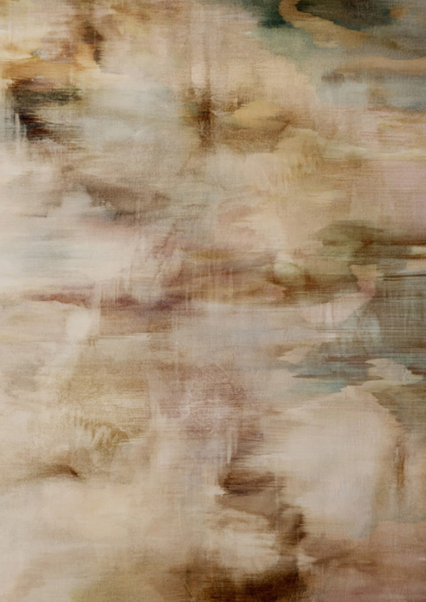 Abstract artwork with soft beige, brown and green tones blended in vertical streaks and diffused washes.