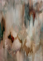 Abstract painting with vertical streaked brushstrokes in blush, taupe, teal and rust tones