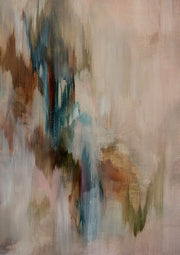 Abstract painting with blurred vertical streaks of blue, rust and taupe tones