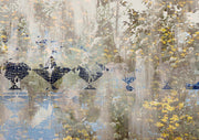 Abstract artwork with dark bird silhouettes, yellow florals and blue reflections in a layered scene