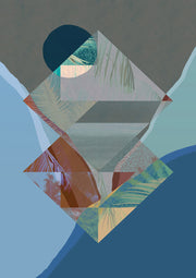 Abstract collage of diamond shapes with palm leaf photography in blue and brown tones