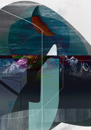 Abstract collage artwork with geometric arcs, line work and mountain photography in teal and rust tones