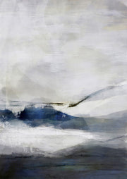 Abstract painting of indigo waves beneath a pale grey and white sky with a soft horizon line