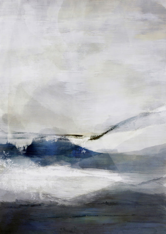 Abstract painting of indigo waves beneath a pale grey and white sky with a soft horizon line