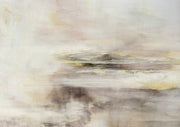 Abstract painting of a misty horizon in cream, beige, grey and soft gold tones