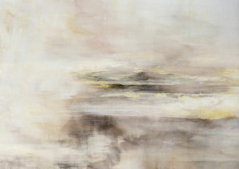Abstract painting of a misty horizon in cream, beige, grey and soft gold tones
