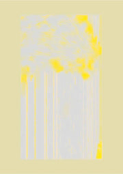 Abstract artwork with pale grey background, yellow accent clusters, and vertical drip lines