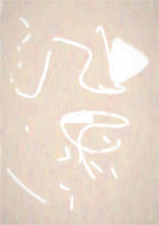 Abstract painting with white looping lines on a pale beige background