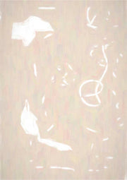 Pale abstract painting with white brushstrokes, a circular motif, and soft blush-beige tones