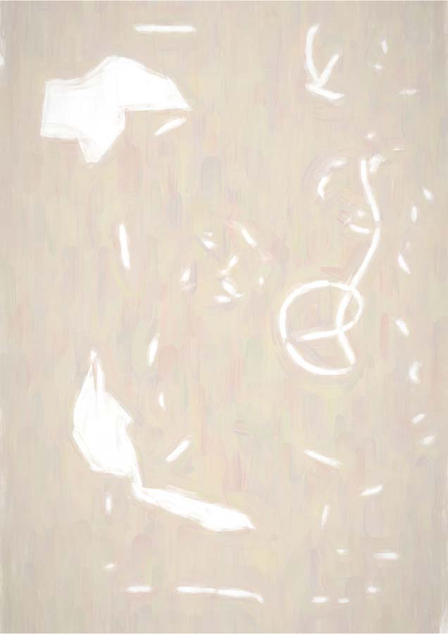 Pale abstract painting with white brushstrokes, a circular motif, and soft blush-beige tones
