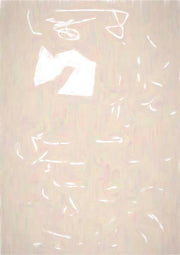 Pale beige abstract painting with loose white gestural marks and a folded angular white shape
