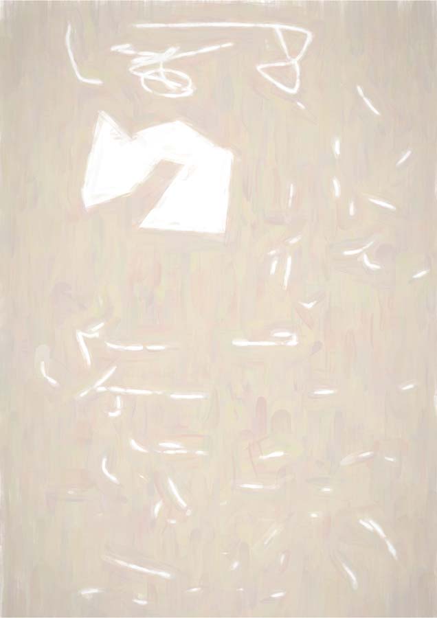 Pale beige abstract painting with loose white gestural marks and a folded angular white shape