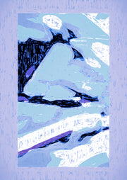 Abstract artwork with black jagged silhouettes on a pale blue textured background