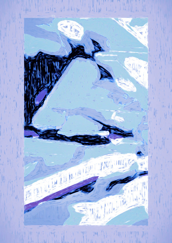 Abstract artwork with black jagged silhouettes on a pale blue textured background