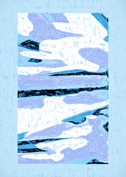 Abstract artwork with pale blue cloud-like bands and black linear strokes on a textured white ground