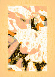 Abstract artwork with black graphic marks over peach, orange and white textured pattern