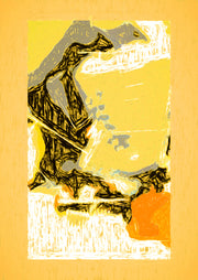 Abstract yellow artwork with black jagged linework, grey fragments and an orange accent