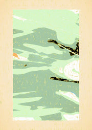 Abstract print in sage green tones with dark branch-like forms and woodgrain texture