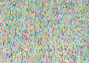 Abstract painting of dense pastel brushstrokes in blue, yellow, pink and green covering the canvas