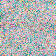 Abstract painting of dense curling brushstrokes in pink, yellow, teal and lilac covering the canvas