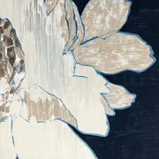 Close-up abstract floral artwork with cream petals outlined in blue against a navy background