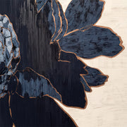 Navy floral painting with copper metallic outlines and textured brushstrokes on cream background.