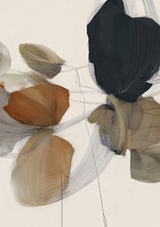 Abstract botanical artwork with black, rust and tan petal shapes and fine line detailing on cream background