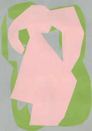 Abstract artwork with a pink organic shape and sage green outline on a grey background