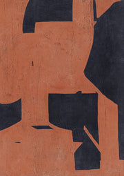 Abstract artwork with charcoal geometric shapes on a rust orange textured background