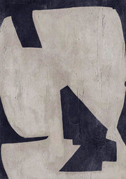 Abstract print with large beige and dark navy block shapes on a textured surface