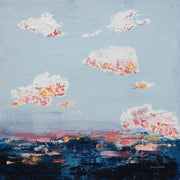 Abstract painting of textured clouds over a dark horizon line in blue, pink and coral tones