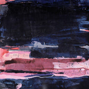 Abstract artwork with dark navy bands over pink and magenta washes and faint handwriting