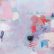 Abstract painting with pastel pink, mauve and blue tones, red and navy accents, and splatter marks.