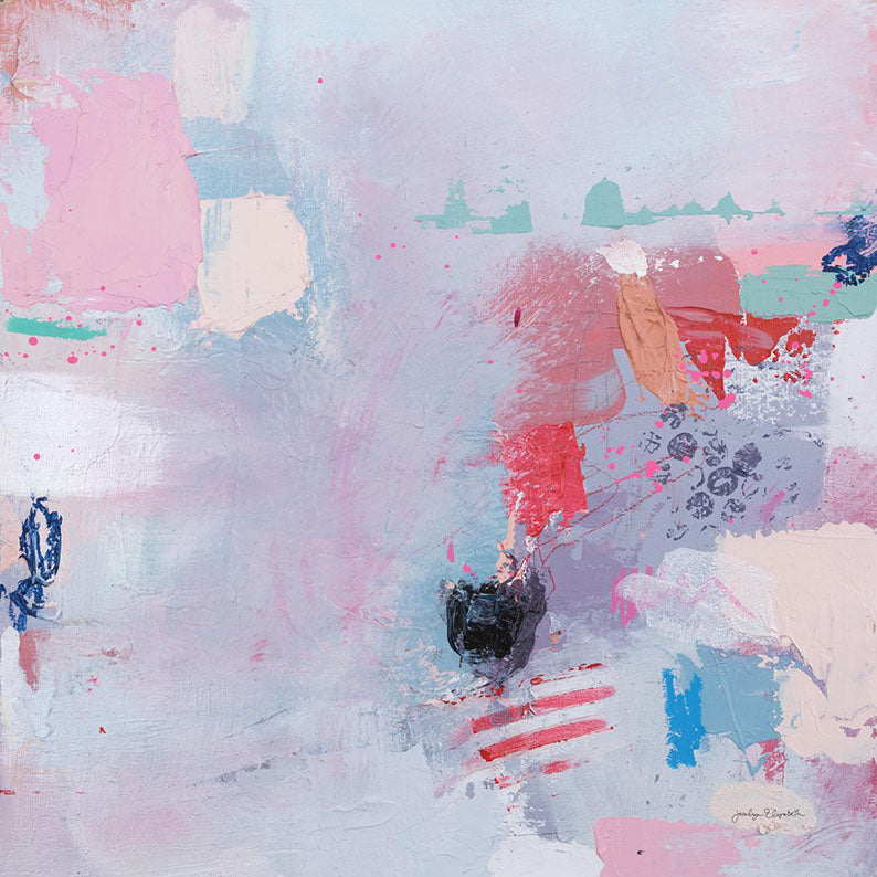 Abstract painting with pastel pink, mauve and blue tones, red and navy accents, and splatter marks.