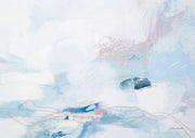 Abstract painting in pale blue, pink and white with loose line work and soft brushstrokes