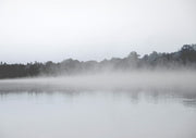 Misty lake at dawn with fog drifting over still water and a treeline in the background